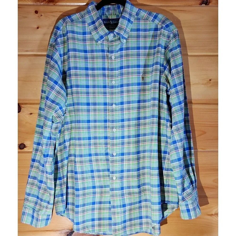 Polo Ralph Lauren Button Down Flesh Pony Men’s Shirt Size XL Cotton Green Plaid